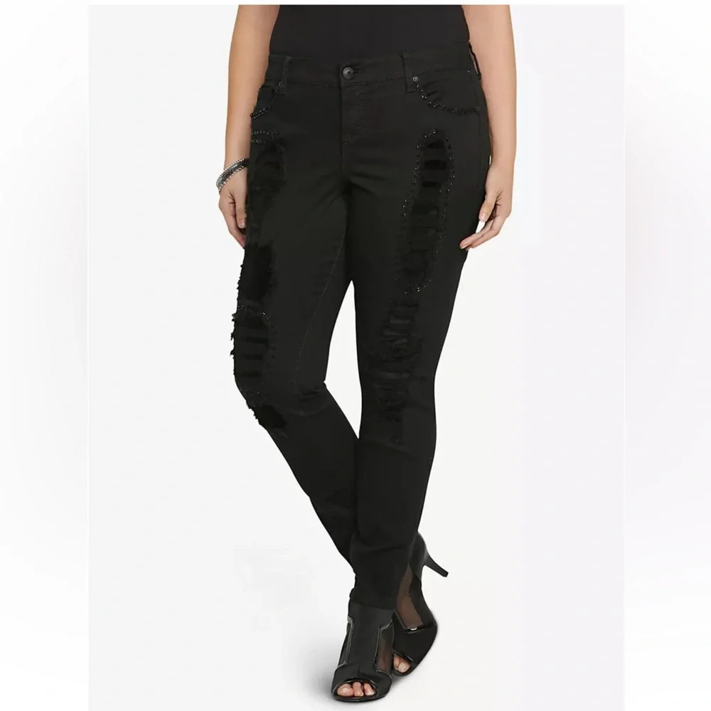 TORRID Premium Bead Embellished Distressed Skinny Jeans Stretch Black Women 18